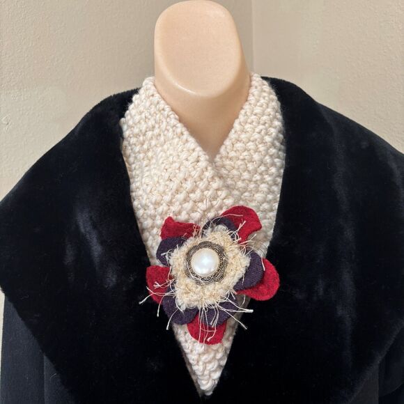 Artesian Embellished Knit Scarf Muffler Handmade Flower Textured Designer OOAK - Picture 1 of 5